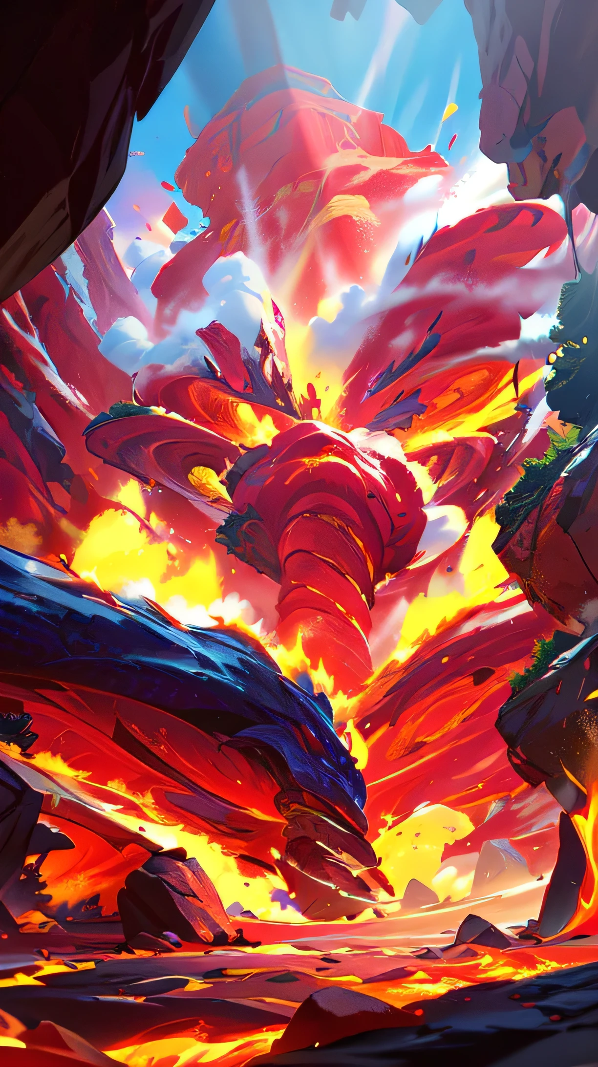 game illustration,Cartoon style，Not CG style，A game character holding a sword stands on the left side of the picture，There is a monster in the depths of the picture walking towards the character， Lava ground，The floor is stone tiles，There is red magma in the cracks of the rocks, cloud, Sky, Tree, Fisheye lens，