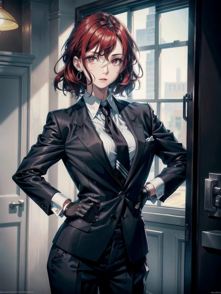 Black gloves, Formal suit, tie, Jacket, pants, absurdres, RAW photo, extremely delicate and beautiful, masterpiece, Best Quality, ultra high resolution, 32k, hyperrealistic, ultra-detailed, detailed description, pale skin, 20 years old, tearful mole, earring, short medium hair, wavy hair, whole body shot, Redhead, Red eyes, big tits,