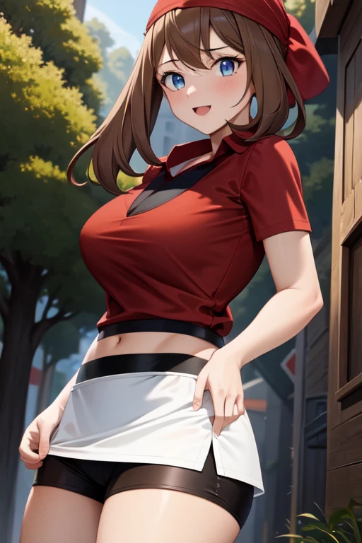 (masterpiece, best quality:1.2), 1girl, solo, red shirt, beautifull face, red bandana, brown hair, black sport shorts, white skirt, cowboy shot, forest, pathway