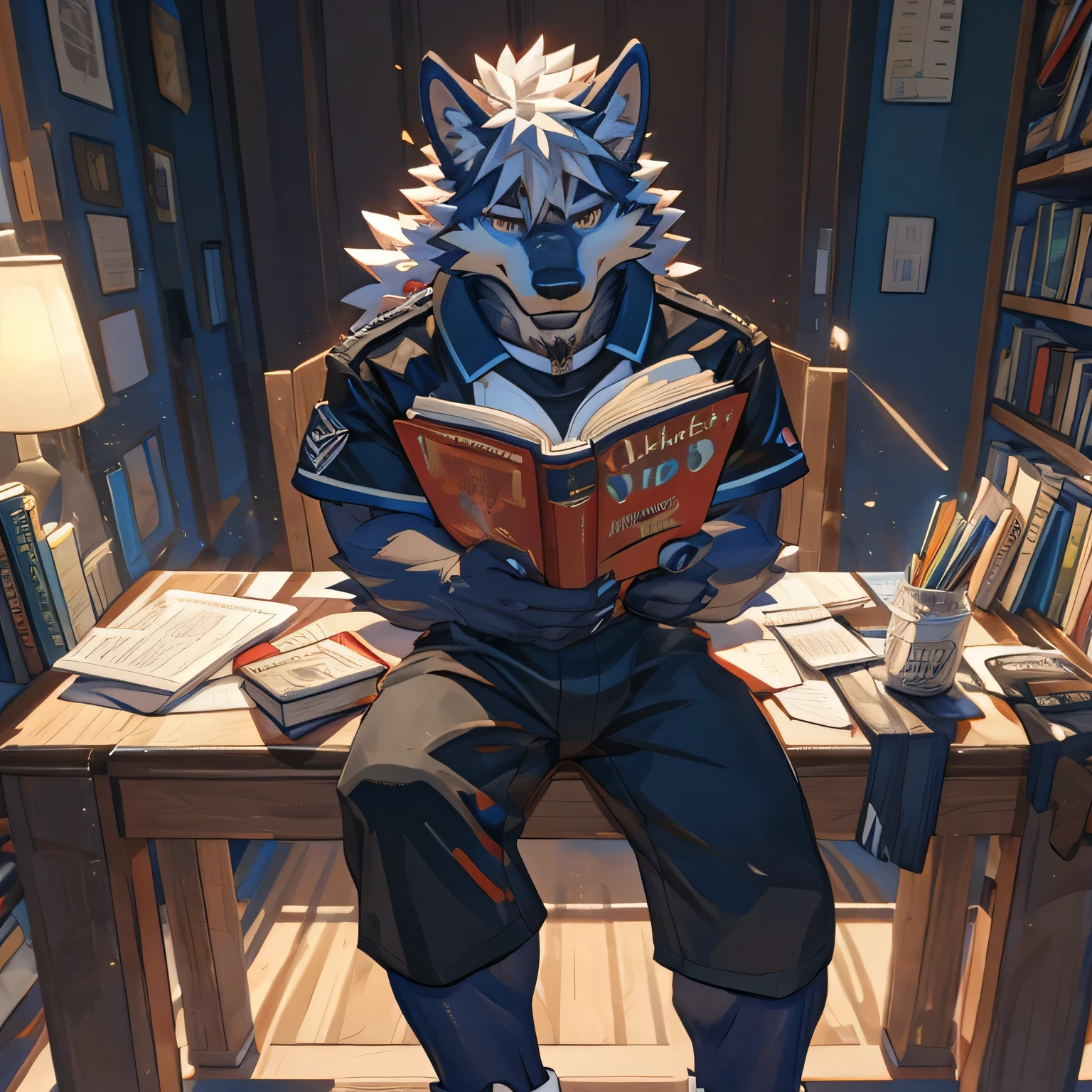 (((Detailed anatomy, Detailed eyes, detailed body, detailed face, best quality, high resolution))) The white wolf, who had just grown up, was sitting on a chair in front of a table piled with books, reading a book seriously.,Not very strong,Wearing a black and white baseball uniform,Black shorts,Red sneakers and black socks,Eyes are blue,White hair on the top of the head with some red hair,White hair on the body,The face looks young