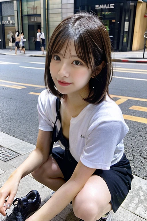 Alafed Girl, chiho, iwakura lain, closeup Iwakura Lain, With short hair, Shiori Teshirogi, Kotegawa Yui, hime-cut, girlfriend , sui ishida with black hair, lain iwakura, girl cute-fine-face, Clear pubic contours,(Small breasts), hight resolution, ighly detailed, top-quality, [​masterpiece:1.6],, very stocky、(From  above:1.2)、(a closeup:1.4)A woman wearing shorts and adjusting her shoelaces in a downtown area, Squatting、