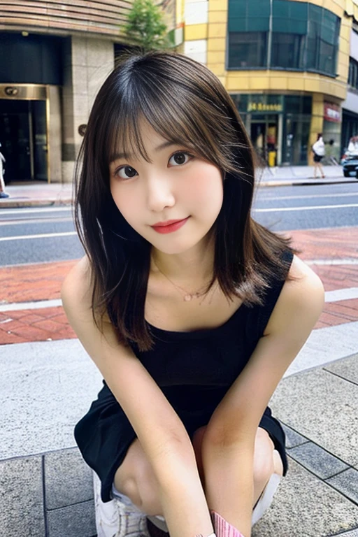 Alafed Girl, chiho, iwakura lain, closeup Iwakura Lain, With short hair, Shiori Teshirogi, Kotegawa Yui, hime-cut, girlfriend , sui ishida with black hair, lain iwakura, girl cute-fine-face, Clear pubic contours,(Small breasts), hight resolution, ighly detailed, top-quality, [​masterpiece:1.6],, very stocky、(From  above:1.2)、(a closeup:1.4)A woman wearing shorts and adjusting her shoelaces in a downtown area, Squatting、