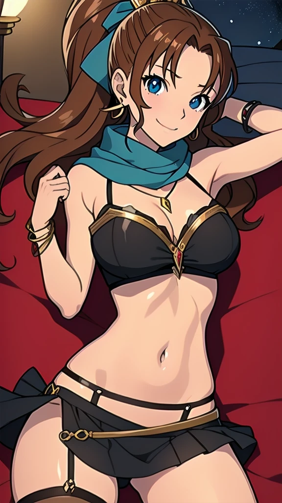 masterpiece, best quality, 1 solo girl, brown hair, blue eyes, long hair, medium breasts, sexy body and face, wavy hair, smile, sleeveless shirt, scarf, black thigh-high, mini skirt, pendant, bracelet, jewelry, earrings, feather hair ornament, book, lying at the bed, night, sexy pose, cowboy shots, detailed body, face, and eyes, sharp focus, vibrant, creative, dynamic, high definition, high resolution, 8k, (Upscale: R-ESRGAN 4x+ Anime6mage enchance:4x), voluptuous body, cinema lightning, dakimakura style, looking at the viewer, ponytail