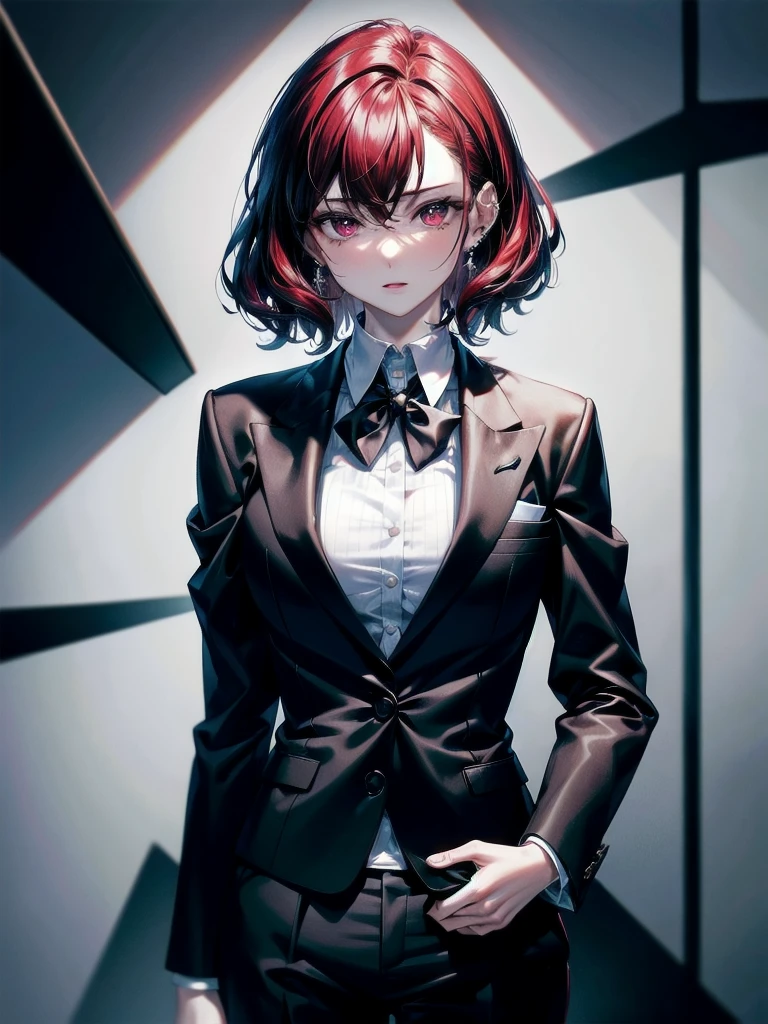 Black gloves, Formal suit, tie, Jacket, pants, absurdres, RAW photo, extremely delicate and beautiful, masterpiece, Best Quality, ultra high resolution, 32k, hyperrealistic, ultra-detailed, detailed description, pale skin, 20 years old, tearful mole, earring, short medium hair, wavy hair, whole body shot, Redhead, Red eyes, big tits,