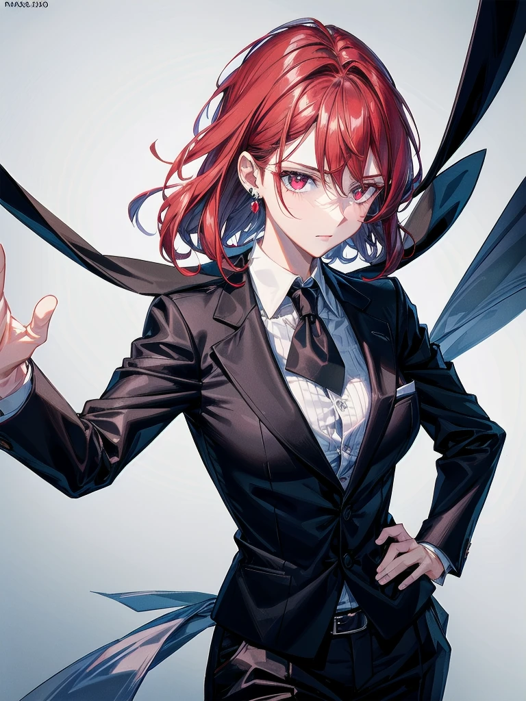 Black gloves, Formal suit, tie, Jacket, pants, absurdres, RAW photo, extremely delicate and beautiful, masterpiece, Best Quality, ultra high resolution, 32k, hyperrealistic, ultra-detailed, detailed description, pale skin, 20 years old, tearful mole, earring, short medium hair, wavy hair, whole body shot, Redhead, Red eyes, big tits,