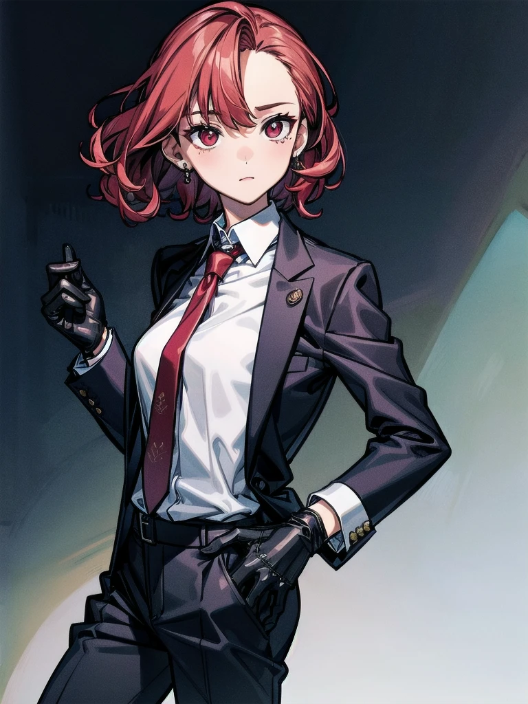 Black gloves, Formal suit, tie, Jacket, pants, absurdres, RAW photo, extremely delicate and beautiful, masterpiece, Best Quality, ultra high resolution, 32k, hyperrealistic, ultra-detailed, detailed description, pale skin, 20 years old, tearful mole, earring, short medium hair, wavy hair, whole body shot, Redhead, Red eyes, big tits,