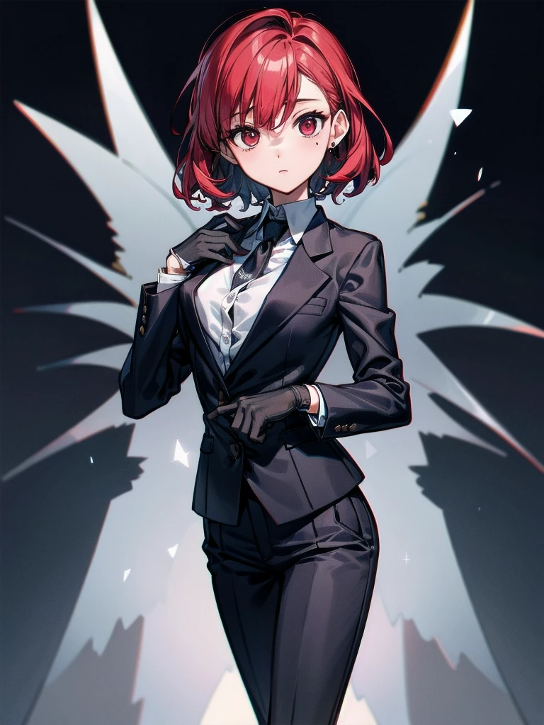 Black gloves, Formal suit, tie, Jacket, pants, absurdres, RAW photo, extremely delicate and beautiful, masterpiece, Best Quality, ultra high resolution, 32k, hyperrealistic, ultra-detailed, detailed description, pale skin, 20 years old, tearful mole, earring, short medium hair, wavy hair, whole body shot, Redhead, Red eyes, big tits,