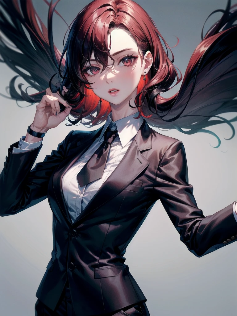 Black gloves, Formal suit, tie, Jacket, pants, absurdres, RAW photo, extremely delicate and beautiful, masterpiece, Best Quality, ultra high resolution, 32k, hyperrealistic, ultra-detailed, detailed description, pale skin, 20 years old, tearful mole, earring, short medium hair, wavy hair, whole body shot, Redhead, Red eyes, big tits,