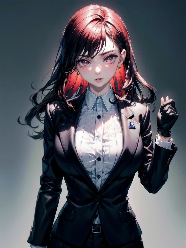 Black gloves, Formal suit, tie, Jacket, pants, absurdres, RAW photo, extremely delicate and beautiful, masterpiece, Best Quality, ultra high resolution, 32k, hyperrealistic, ultra-detailed, detailed description, pale skin, 20 years old, tearful mole, earring, short medium hair, wavy hair, whole body shot, Redhead, Red eyes, big tits,