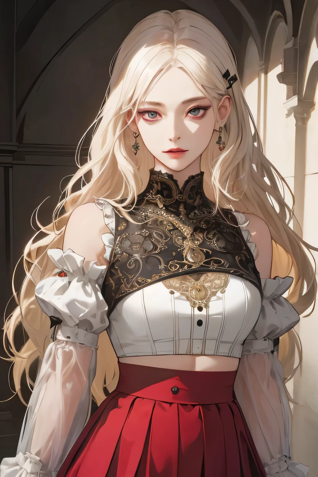 (extreamly delicate and beautiful:1.2), 8K,(masterpiece:1.0),(best_quality:1.0), 1 girl, and intricate detailing, Enlarged textures, and intricate detailing, finely eye and detailed face, and intricate detailing, shiraga, platinum blonde curls long hair, (closed mouths), Perfect eyes, Equal eyes, carolina eyes (A famale god) with crop top modern and red maroon short skirt span, carolina eyes perfect, perfect, earing, hairpin, perfect body, big and sexy body, carolina perfect eyes, lips pink