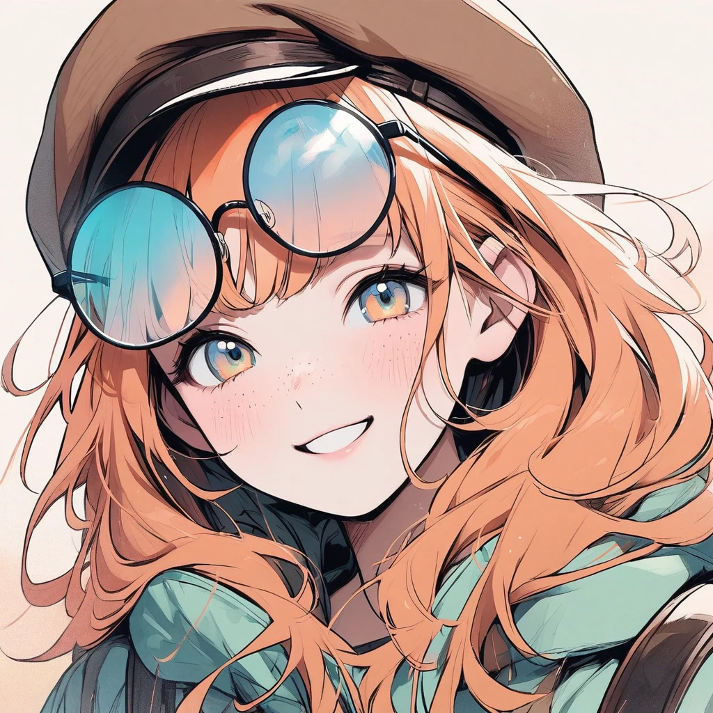 Girl, pastel orange hair, pastel colors, face close up, messy hair, adventure, explorer, brown beret, big round glasses, smiling, big freckles, beautiful