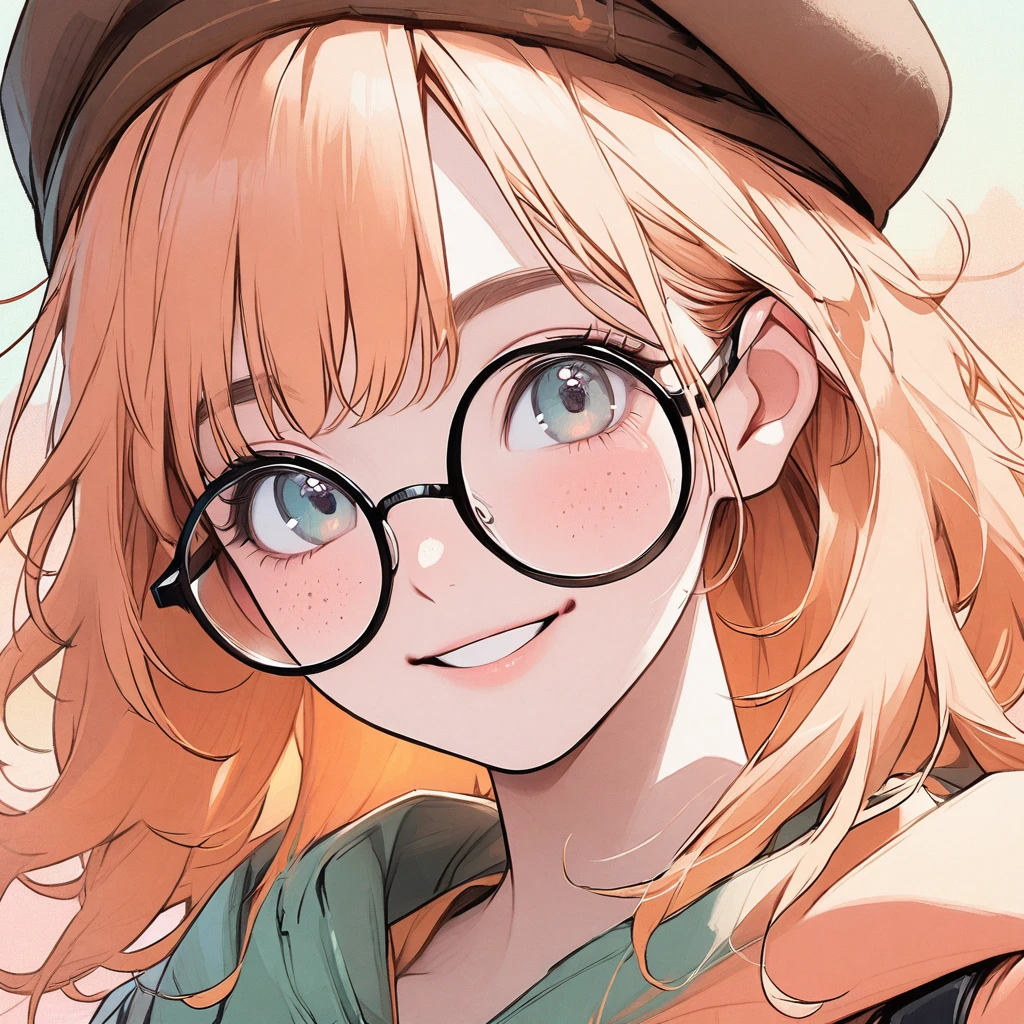 Girl, pastel orange hair, pastel colors, face close up, messy hair, adventure, explorer, brown beret, big round glasses, smiling, big freckles, beautiful