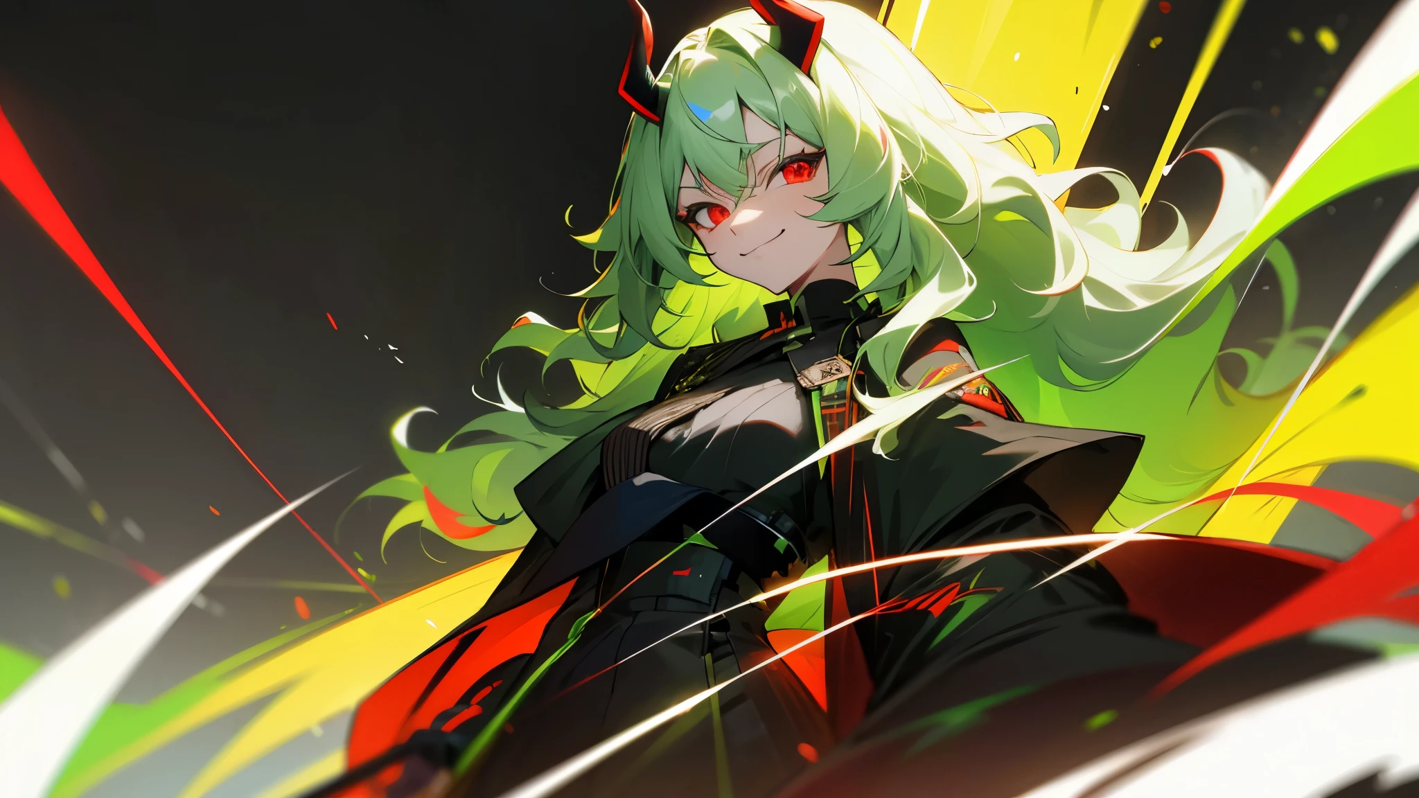 random colored horns, multi colored hair, light green hair, black outfit, smirk, long wavy hair, glowing, red eyes