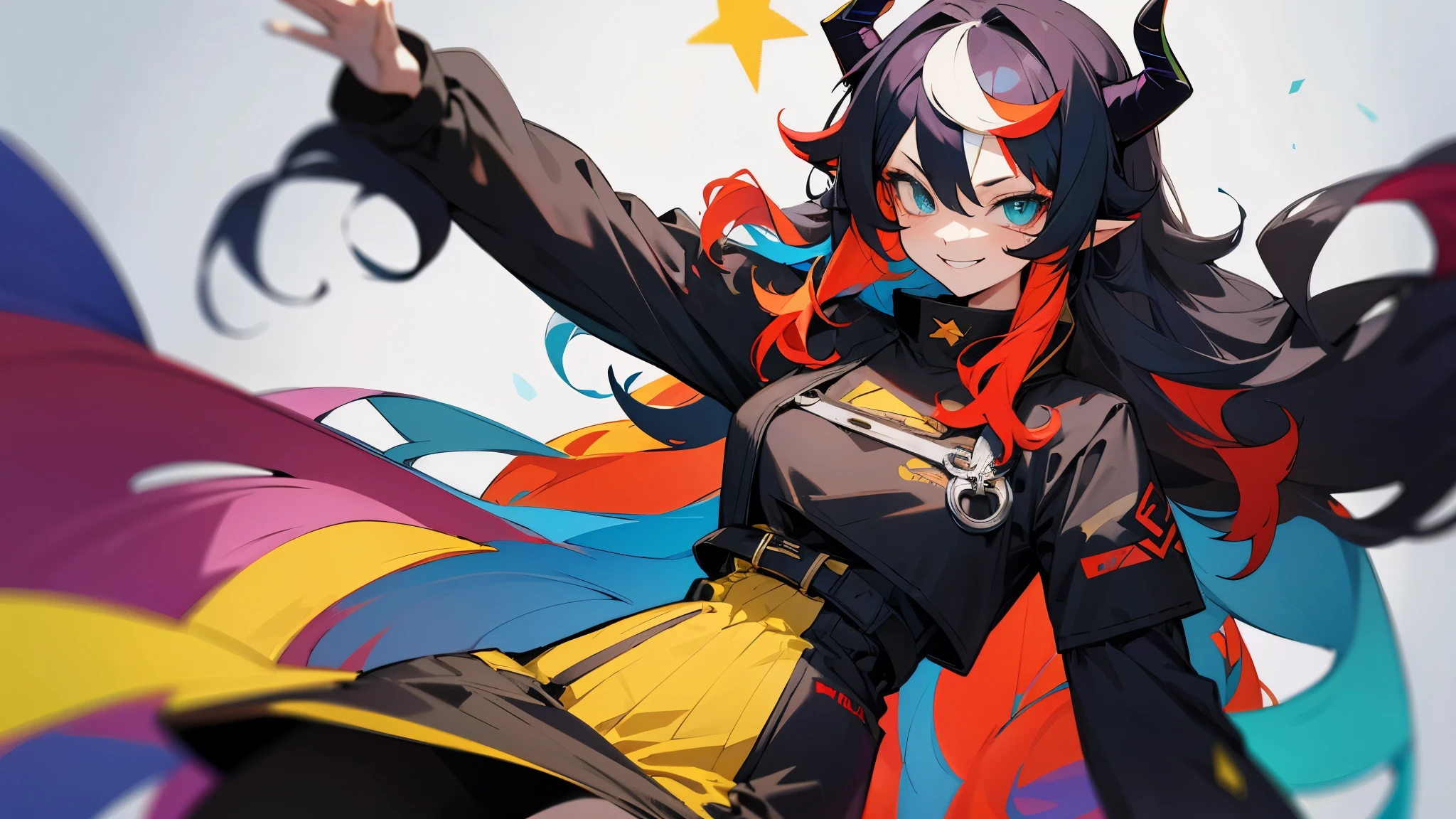 random colored horns, multi colored hair, random colored hair, black outfit, smirk, long wavy hair