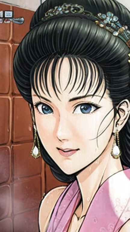 (best quality), (very aesthetic), (ultra-detailed), (best illustration),a mature female,Perfect Face,Suikoden,Mrs. Lin,(full_body),big breast,red cheek,Large drops of sweat are pouring from the whole body,skinny,chinese traditional bath room,Taking a bath,She is soaking in the bathtub with a relaxed expression.