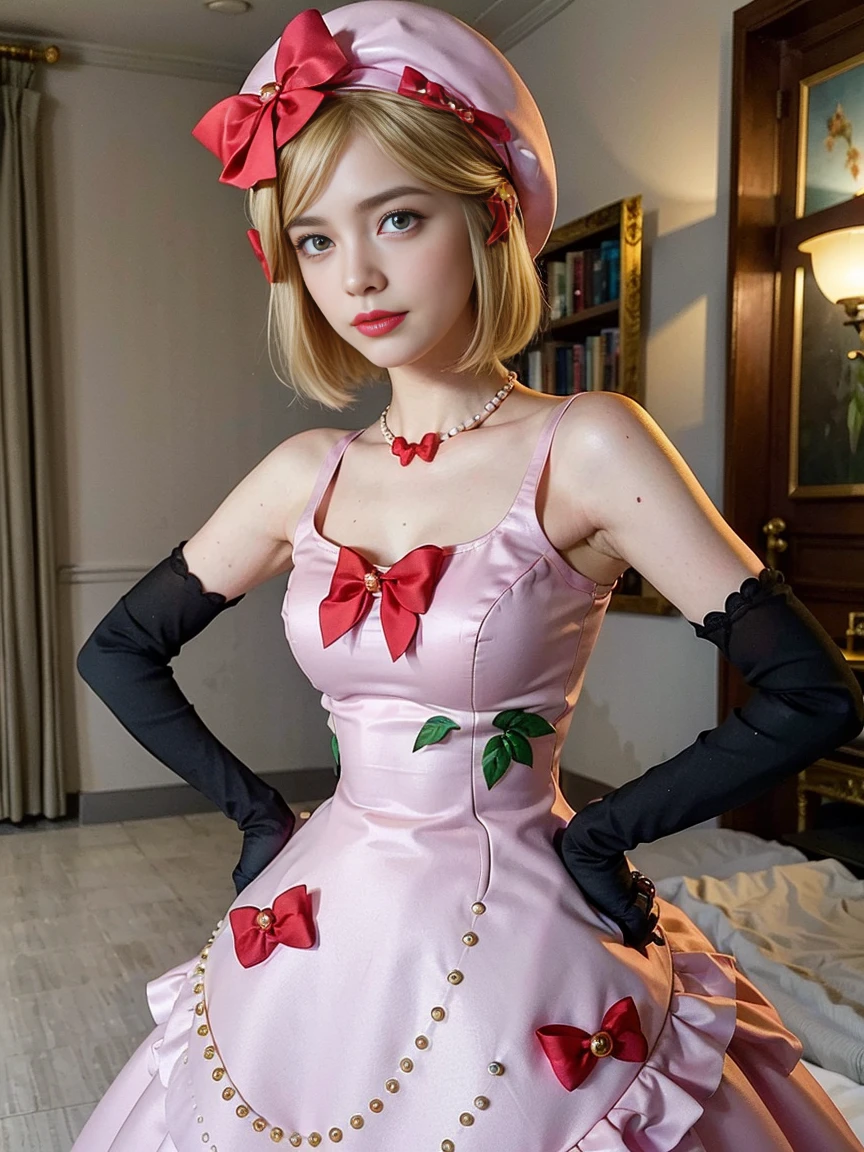(1 lady), The beautiful, (Best quality at best:1.4), (ultra - detailed), (extremely detailed CG unified 16k), gold blonde hair, very detailed, High-definition RAW color photo, professional photoshooting, amazing face and eyes, cosmetics, (amazingly beautiful girl), ((lambdadelta, tall woman, taller)), ((dress, red bow, pink hat, necklace, gloves, pearl, pink dress)), standing, realistic cinematic face, photo portrait, upper body (shoulders to head), photorealistic, ((realistic natural blonde hair style, red eyes)), gorgeous, extremely beautiful face, perfect model beauty, pout mouth, flirting smile, cleavages, city girl, western, (masterpiece), best quality, high resolution, extremely detailed, blurred background, depth of field, cinematic lighting, clear and well-cared skin