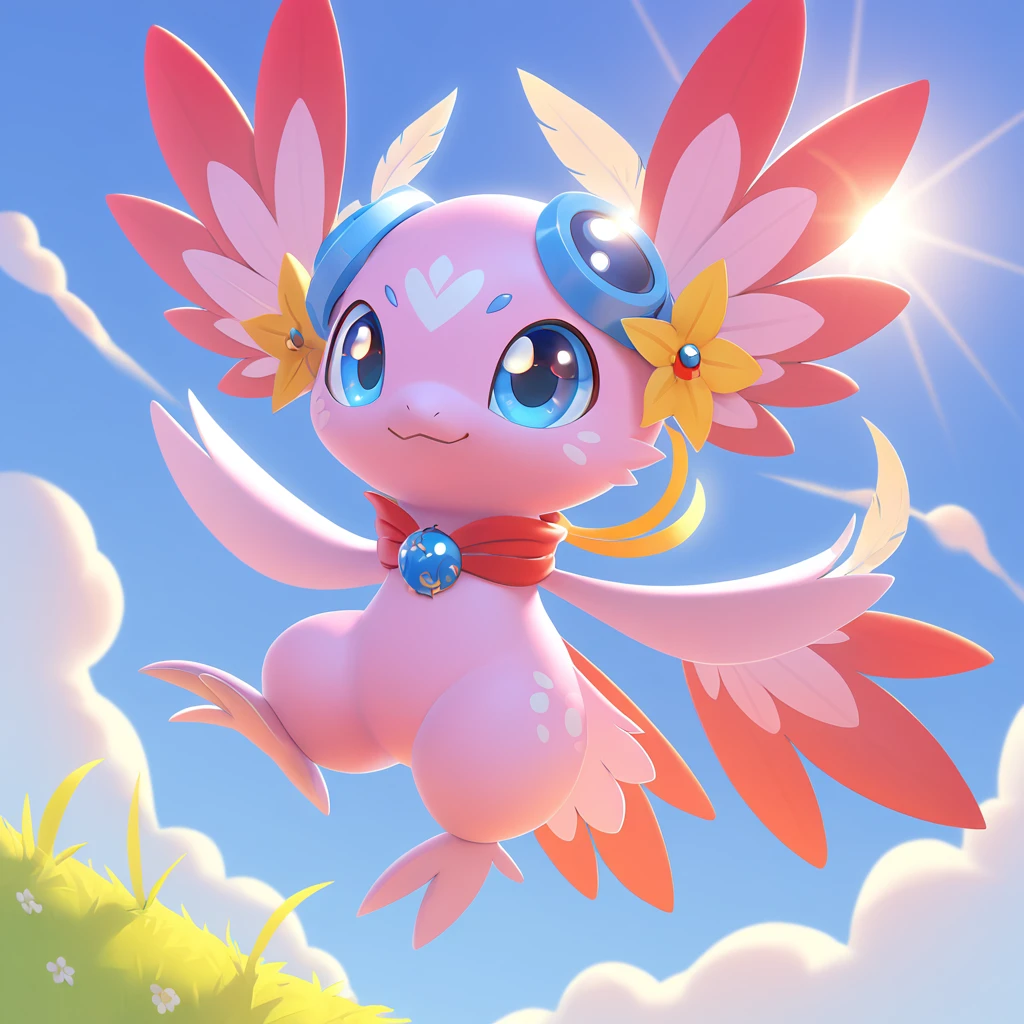 A small bird digimon who can fly and has small feathers growing on its body and wings and a feather ornament attached to it's head and is very tidy, colors are primarily light-pink with yellow and red and blue eyes, sunny day