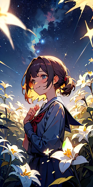 (masterpiece, best quality),1 school girl, happiness, flowers, starry sky, dark night, sparkles