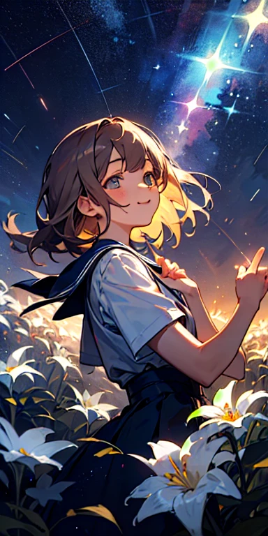 (masterpiece, best quality),1 school girl, happiness, flowers, starry sky, dark night, sparkles