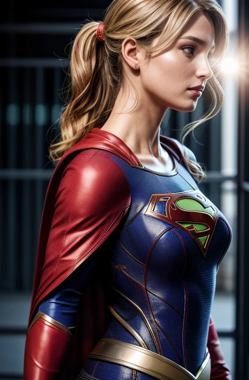 side view ,masterpiece,1girl, a woman, supergirl, cleavage, high detailed skin texture, 8k, Bright lighting, face lighting, (extremely detailed CG unity 8k wallpaper), trending on ArtStation, trending on CGSociety, High Detail, Sharp focus, dramatic, beautiful background, full shoot, high quality, (beautiful face), (detailed face), beautiful hands