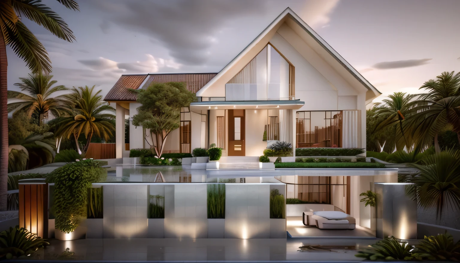 planter box on the roof, all white render, concept house, complete house, 3 d rendering, render 3 d, 3d rendering, 3 d finalrender, 3d finalrender, exterior design, 3d render, 3 d render, 3 drender, rendered in 3 dsmax, 3d final render, raw photo, a small pool with clear water, cloudy sky, garden landscape