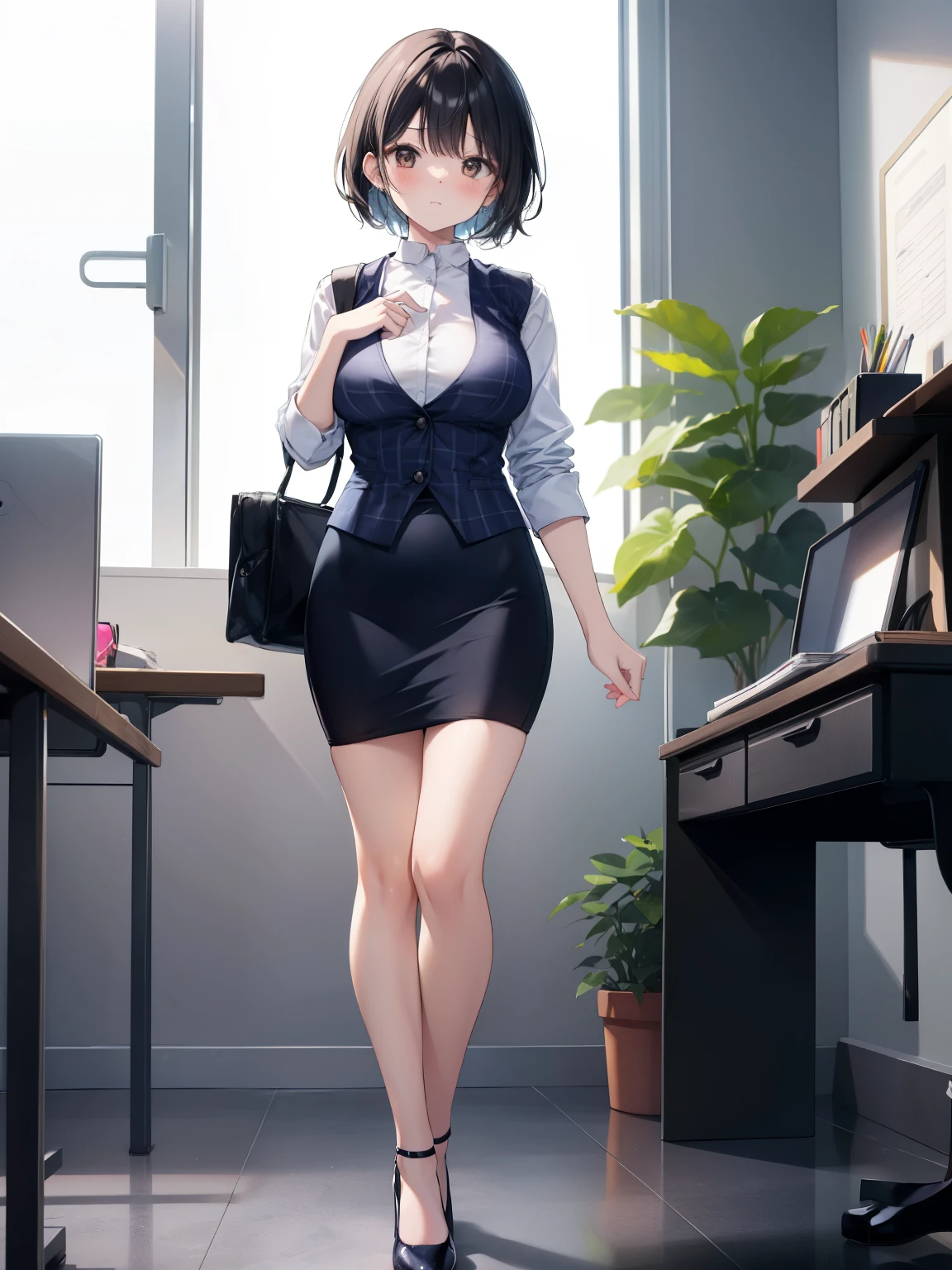 highest quality, Flying debris、Beautiful woman、officeレディー、Black Hair、(Brown eyes、Big Breasts)、short hair、チェック柄のダークブルーのofficeスーツ)、new employee,Full Body Shot、Female office lady、break(Dark blue checked vest、White dress shirt、Navy blue mini tight pencil skirt:1.2)、(Black knee-high、Absolute area、High heels)、break(office:1.3)、Cleavage、Unbutton your shirt、blush、Embarrassed、Troubled face、The skirt is torn、Standing posture