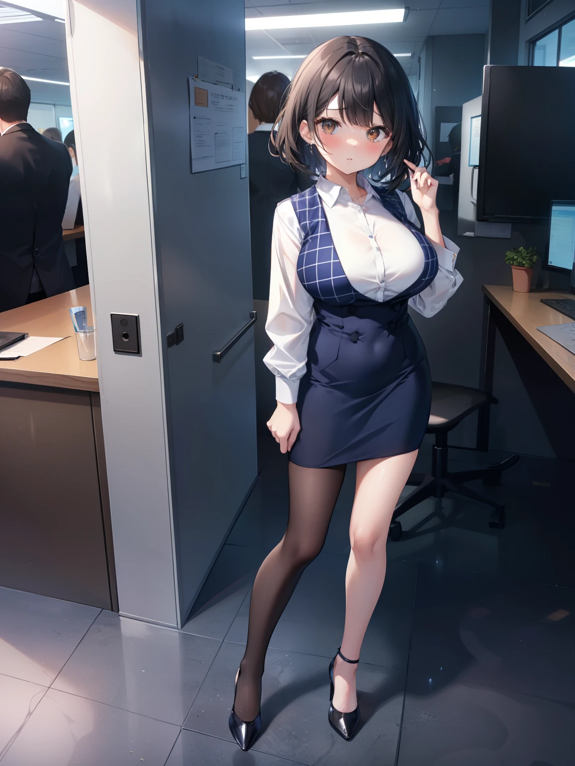 highest quality, Flying debris、Beautiful woman、officeレディー、Black Hair、(Brown eyes、Big Breasts)、short hair、チェック柄のダークブルーのofficeスーツ)、new employee,Full Body Shot、Female office lady、break(Dark blue checked vest、White dress shirt、Navy blue mini tight pencil skirt:1.2)、(Black knee-high、Absolute area、High heels)、break(office:1.3)、Cleavage、Unbutton your shirt、blush、Embarrassed、Troubled face、The skirt is torn、Standing posture