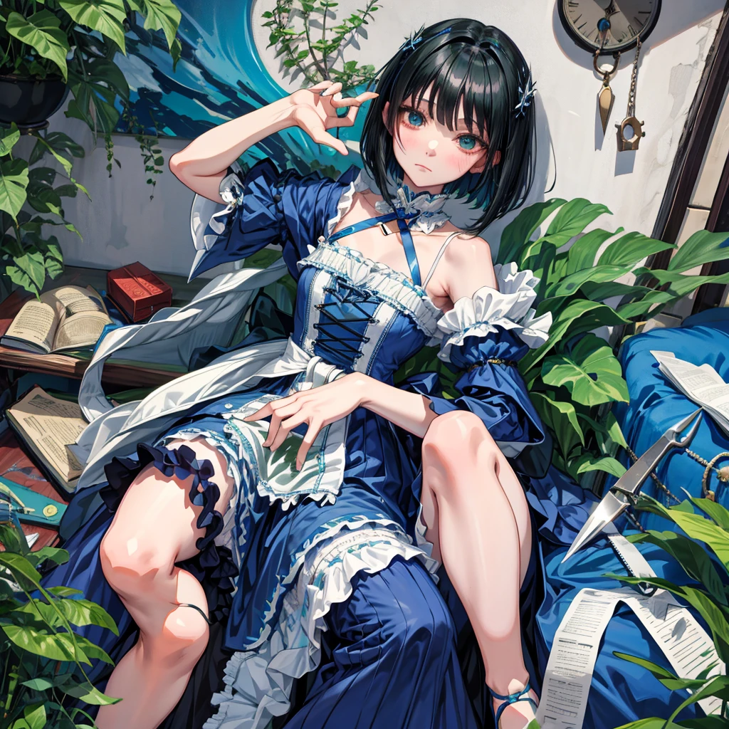 wariza,hand between legs,,(masterpiece,Highest Quality),shortsleeves,Blue-green Gothic ta,Sleepy face,A dark-haired,Medium bob,utility knife,Small scissors、vtuber-fullbody、