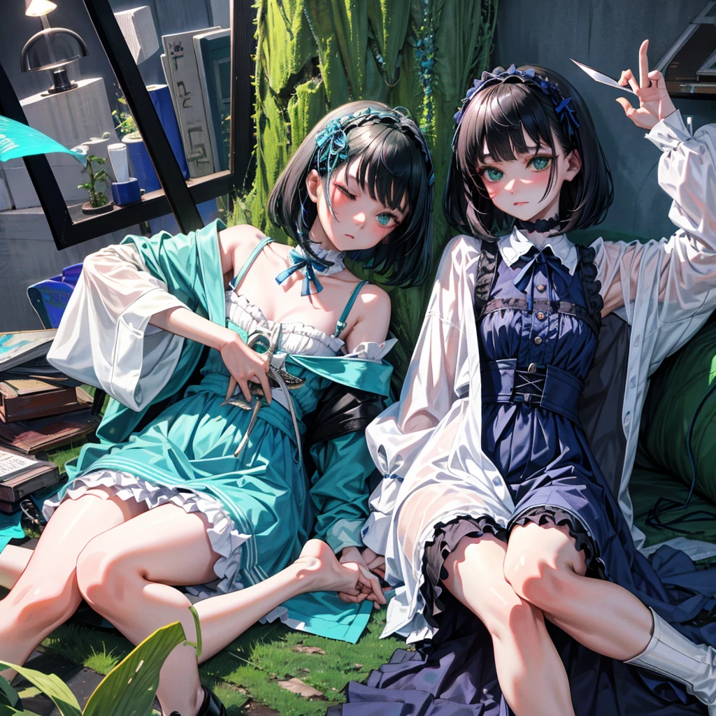 wariza,hand between legs,,(masterpiece,Highest Quality),shortsleeves,Blue-green Gothic Lolita,Sleepy face,A dark-haired,Medium bob,utility knife,Small scissors、vtuber-fullbody、