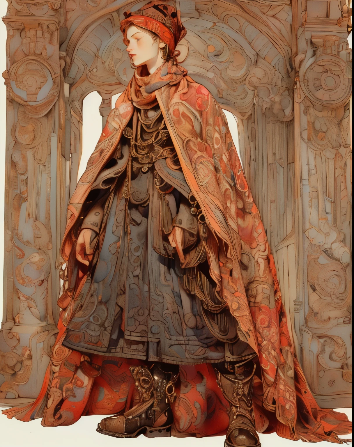 1 short person, Final Fantasy mimic character class, wrapped in patchwork patterned scarves and quilts, cross wrapped scarves, many layers of scarves and quilts, large beads and tassels, body and face wrapped in various patterned quilts and scarves. only their eyes are visible, heavy eyeliner, androgynous face, only clothing is wrapped scarves and quilts, ((entire body image: 1.4)), ((in a beautiful elaborate steampunk setting)), game artbook style, gauche and watercolor paint, pen and ink outlines and details, Akihiko Yoshida Style art, 8k image, gorgeous artwork, masterful image, whimsical drawing, ((entire head and body is in view: 1.5)), shoes or boots,