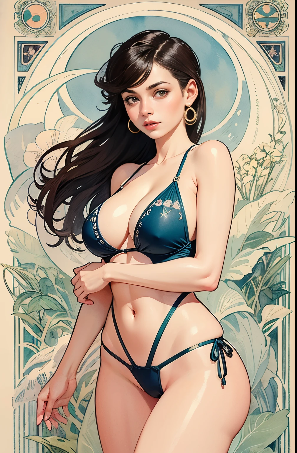 ((masterpiece)), (best quality), (Work),  Art Nouveau watercolor painting , moon goddess  , big breasts，The nipples are prominently prominent，ultra thin bra，thong，show navel，exposed camel toe，big eyes, long, thick eyelashes, plump lips, dark red eyes, hair long and thick,  high ponytail, chubby, flowery_background, Intricate designs and patterns in the style of Alphonse Mucha.from behind