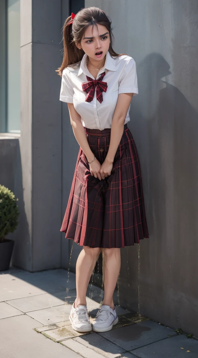 waistband of skirt is at the point above chest , school girl big breast , red knot , red bow , skirt dark red , plaid skirt , pleated skirt , dirty white Shirtschool girl big breast , red knot , red bow , skirt dark red , plaid skirt , pleated skirt , dirty white Shirt , (Obra maestra, 16k,8k,4k ,Ultra detallado:1.1),(Cara hermosa:1.1),(1girl:1.1),25yo,Super model,(Lift Jewelry:1.3),(urination:1.4),(avergonzado:1.2), , peeing self, wetting her clothes, can't hold her pee face, wetting herself desperate, pee desperation pose, her body can't hold her pee and wets herself in the middle of the city in absolute desperation, pee runing down her legs, standing up, hyper pee desperate face, big pee pudle