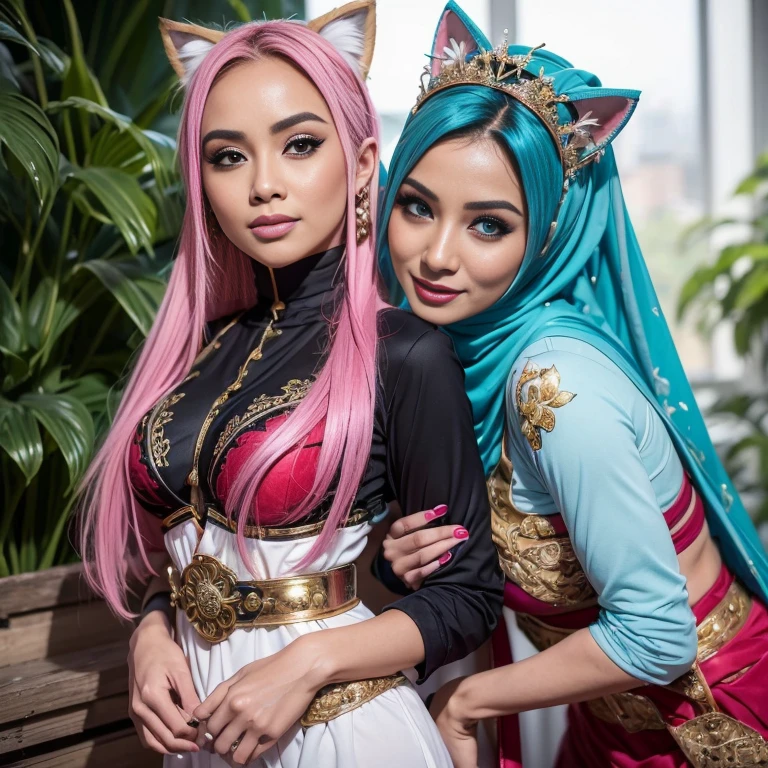 Two:2 hijab prostitutes naked, bestquality，master-piece，High resolution with high detail，（brilliant：1.4），raw photograph，，optical illusion，1girle，（Solo exhibitions：1.2），（cowboy lens：1.2），（Hair crown：1.2），Traditional costumes of Dunhuang, china，strapless，（red eyeliner：1.2），（Black eyes：1.4），earings，dynamic angle，entertainment，messy_long_hair，ink，cinematic light，lanelare，Velvet，chrysanthemum，tassels，ribbons，Colorful embroidery，upper half body，Facing the lens，Dynamic Poses，large，Embroidered shoes, red bra, all red, oppai proportions, sexy :8k, 4 k, big breasts!, bottom angle, big breasts!!, Malay beauties, biomechanical oppai, fujita goro and jones, thicc, wearing hijab, hijab star, hijab gorgeous, hijab super model, Malaysian girls group,malay, The whole body consists of a young girl with hijab, Eye makeup, 21yo, Cat ears, Soft lighting, group, Wear shabby clothes, Dirty, Tattered futuristic bikini, Cat's paw badge, Pose, spot color, rendering by octane, Ultra-realistic intricate details, Cinematic, 8K resolution, 70mm, emphasis lighting, Global illumination, (((wearing a Sexy belt design by LV))) Surreal full-body figure, Beautiful and delicate body and face, gorgeous figure, ssmile, Titillating，Surreal full-body figure，Beautiful and detailed body and face, Super vista, White skin of the, vivd colour,🔥8k, (masterpiece), (((highest quality)), (super detailed), 2 girls, (iridescent hair, colorful hair, half blue and half pink hair: 1.2), 38 years old, (Gorgeous Malay Girls: 1.2), outdoor, bangs, smile, sky blue eyes, perfect hands, perfect hands, hand details, corrected fingers. Earrings, Night Store + Background, looking_at_viewer, Cowboy Shot, Top Quality, Rich Detail, Perfect Image Quality, big breasts, slender body