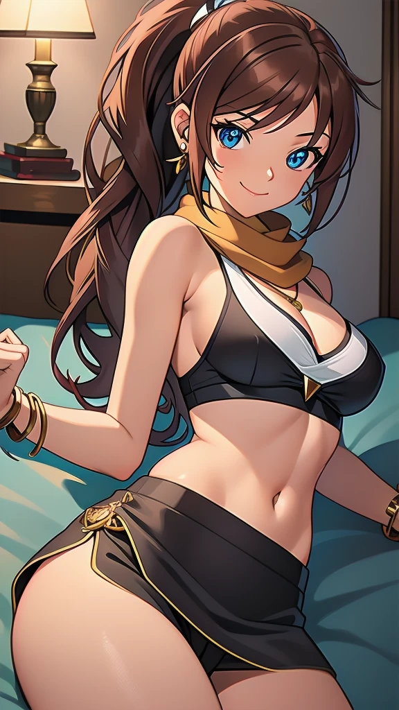 masterpiece, best quality, 1 solo girl, brown hair, blue eyes, long hair, medium breasts, sexy body and face, wavy hair, smile, sleeveless shirt, scarf, black thigh-high, mini skirt, pendant, bracelet, jewelry, earrings, feather hair ornament, book, lying at the bed, night, sexy pose, cowboy shots, detailed body, face, and eyes, sharp focus, vibrant, creative, dynamic, high definition, high resolution, 8k, (Upscale: R-ESRGAN 4x+ Anime6mage enchance:4x), voluptuous body, cinema lightning, dakimakura style, looking at the viewer, ponytail,