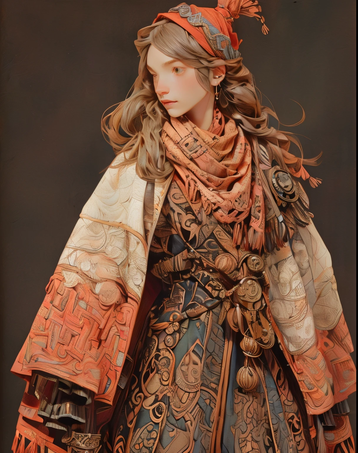 1 short person, Final Fantasy mimic character class, wrapped in patchwork patterned scarves and quilts, cross wrapped scarves, many layers of scarves and quilts, large beads and tassels, body and face wrapped in various patterned quilts and scarves. only their eyes are visible, heavy eyeliner, androgynous face, only clothing is wrapped scarves and quilts, ((entire body image: 1.4)), ((in a beautiful elaborate steampunk setting)), game artbook style, gauche and watercolor paint, pen and ink outlines and details, Akihiko Yoshida Style art, 8k image, gorgeous artwork, masterful image, whimsical drawing, ((entire head and body is in view: 1.5)), shoes or boots, muted color, overloaded with beads bobbles tassels bottles and bells