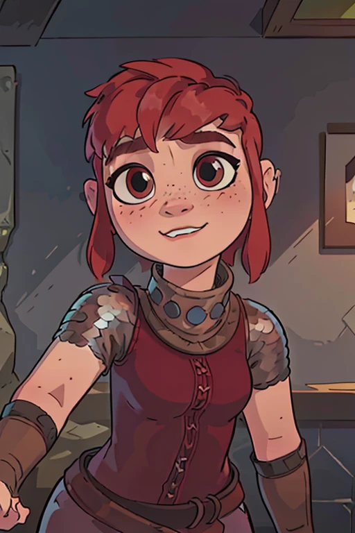 masterpiece, best quality, photorealistic, Nimona, red hair, red hair, freckles, leather armor, cute, joyful