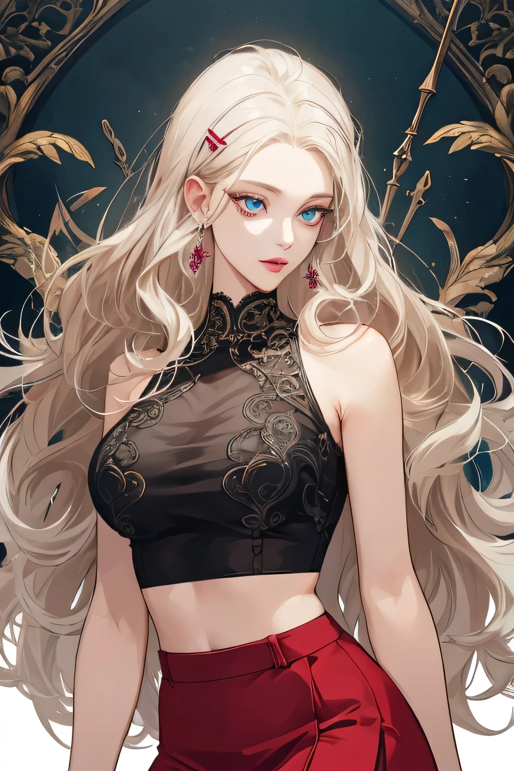 (extreamly delicate and beautiful:1.2), 8K,(masterpiece:1.0),(best_quality:1.0), 1 girl, and intricate detailing, Enlarged textures, and intricate detailing, finely eye and detailed face, and intricate detailing, shiraga, platinum blonde curls long hair, (closed mouths), Perfect eyes, Equal eyes, carolina eyes (A famale god) with crop top modern and red maroon short skirt span, carolina eyes perfect, perfect, earing, hairpin, perfect body, big and sexy body, carolina blue perfect eyes, lips pink