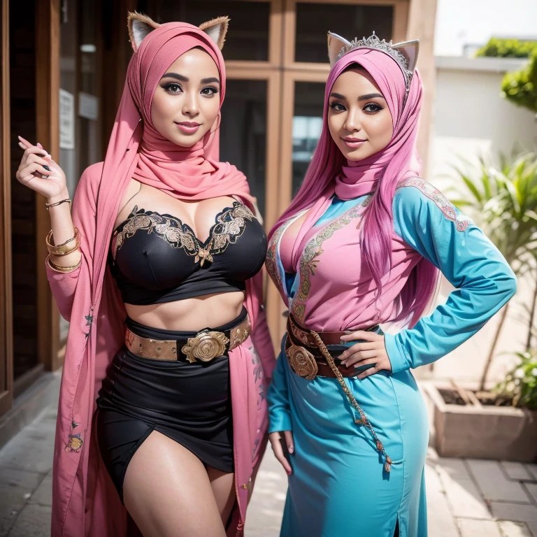 Two:2 hijab prostitutes, bestquality，master-piece，High resolution with high detail，（brilliant：1.4），raw photograph，，optical illusion，1girle，（Solo exhibitions：1.2），（cowboy lens：1.2），（Hair crown：1.2），Traditional costumes of Dunhuang, china，strapless，（red eyeliner：1.2），（Black eyes：1.4），earings，dynamic angle，entertainment，messy_long_hair，ink，cinematic light，lanelare，Velvet，chrysanthemum，tassels，ribbons，Colorful embroidery，upper half body，Facing the lens，Dynamic Poses，large，Embroidered shoes, red bra, all red, oppai proportions, sexy :8k, 4 k, big breasts!, bottom angle, big breasts!!, Malay beauties, biomechanical oppai, fujita goro and jones, thicc, wearing hijab, hijab star, hijab gorgeous, hijab super model, Malaysian girls group,malay, The whole body consists of a young girl with hijab, Eye makeup, 21yo, Cat ears, Soft lighting, group, Wear shabby clothes, Dirty, Tattered futuristic bikini, Cat's paw badge, Pose, spot color, rendering by octane, Ultra-realistic intricate details, Cinematic, 8K resolution, 70mm, emphasis lighting, Global illumination, (((wearing a Sexy belt design by LV))) Surreal full-body figure, Beautiful and delicate body and face, gorgeous figure, ssmile, Titillating，Surreal full-body figure，Beautiful and detailed body and face, Super vista, White skin of the, vivd colour,🔥8k, (masterpiece), (((highest quality)), (super detailed), 2 girls, (iridescent hair, colorful hair, half blue and half pink hair: 1.2), 38 years old, (Gorgeous Malay Girls: 1.2), outdoor, bangs, smile, sky blue eyes, perfect hands, perfect hands, hand details, corrected fingers. Earrings, Night Store + Background, looking_at_viewer, Cowboy Shot, Top Quality, Rich Detail, Perfect Image Quality, big breasts, slender body