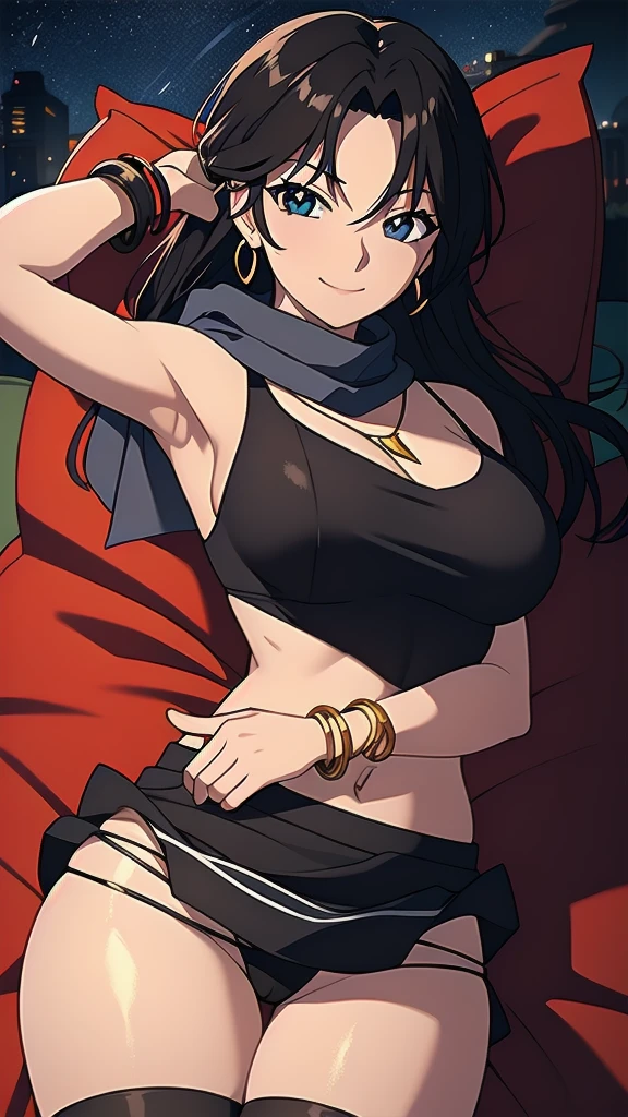 masterpiece, best quality, 1 solo girl, black hair, black eyes, long hair, medium breasts, sexy body and face, wavy hair, smile, sleeveless shirt, scarf, black thigh-high, mini skirt, pendant, bracelet, jewelry, earrings, feather hair ornament, book, lying at the bed, night, sexy pose, cowboy shots, detailed body, face, and eyes, sharp focus, vibrant, creative, dynamic, high definition, high resolution, 8k, (Upscale: R-ESRGAN 4x+ Anime6mage enchance:4x), voluptuous body, cinema lightning, dakimakura style, looking at the viewer,
