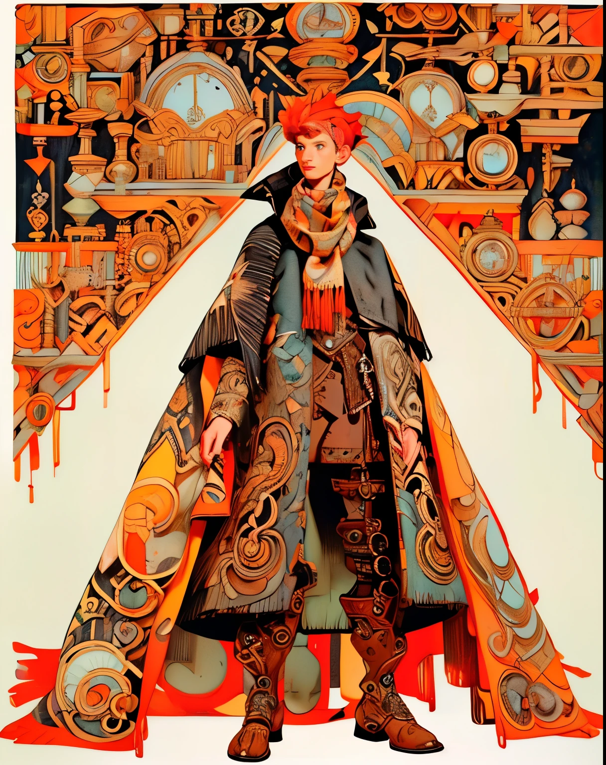 1 short person, Final Fantasy mimic character class, wrapped in patchwork patterned scarves and quilts, cross wrapped scarves, many layers of scarves and quilts, large beads and tassels, body and face wrapped in various patterned quilts and scarves. only their eyes are visible, heavy eyeliner, androgynous face, only clothing is wrapped scarves and quilts, ((entire body image: 1.4)), ((in a beautiful elaborate steampunk setting)), game artbook style, gauche and watercolor paint, pen and ink outlines and details, Akihiko Yoshida Style art, 8k image, gorgeous artwork, masterful image, whimsical drawing, ((entire head and body is in view: 1.5)), shoes or boots, muted color, overloaded with beads bobbles tassels bottles and bells