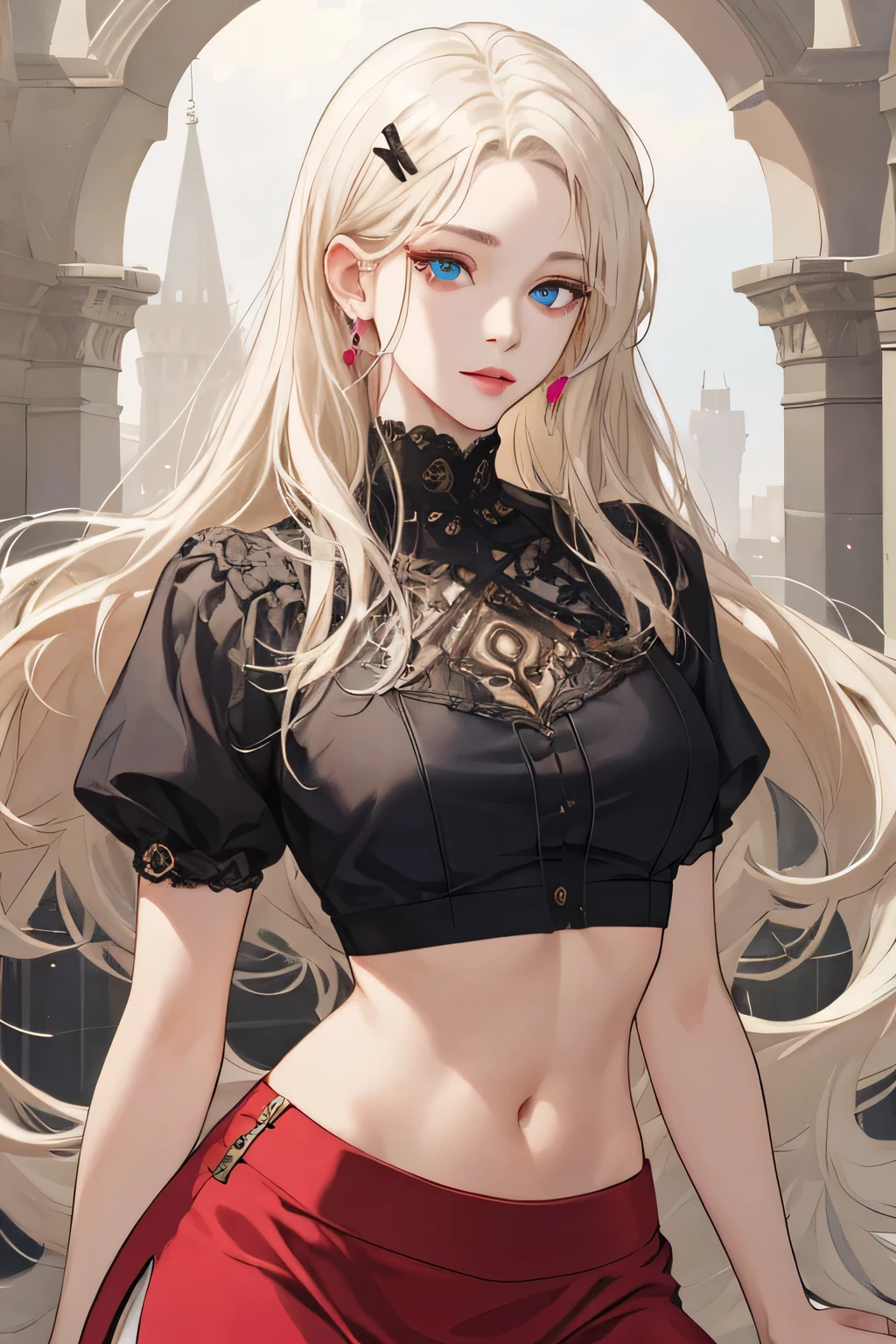 (extreamly delicate and beautiful:1.2), 8K,(masterpiece:1.0),(best_quality:1.0), 1 girl, and intricate detailing, Enlarged textures, and intricate detailing, finely eye and detailed face, and intricate detailing, shiraga, platinum blonde curls long hair, (closed mouths), Perfect eyes, Equal eyes, carolina eyes (A famale god) with crop top modern and red maroon short skirt span, carolina eyes perfect, perfect, earing, hairpin, perfect body, big and sexy body, carolina blue perfect eyes, lips pink