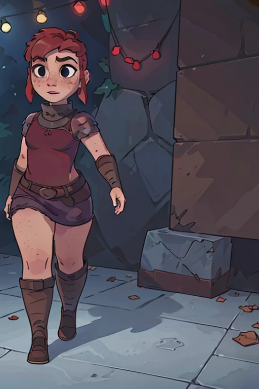 masterpiece, best quality, photorealistic, Nimona, red hair, freckles, leather armor, joyful, full body,