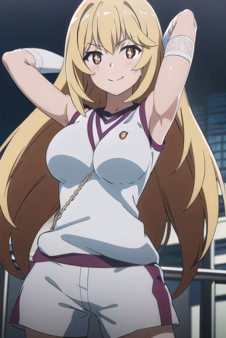 (((pixel-perfect, detail-perfect))), solo, 1girl, misaki shokuhou, tokiwadai, gym uniform, gloves, white gloves, elbow gloves, sleeveless, shirt, shorts, sleeveless shirt, gym shorts, white shorts, white shirt, gym shirt, solo, (cowboy shot:1.5), night sky, beach, arms behind head, contrapposto, spread armpits, looking at viewer, best quality, closed mouth, smile, blushing,