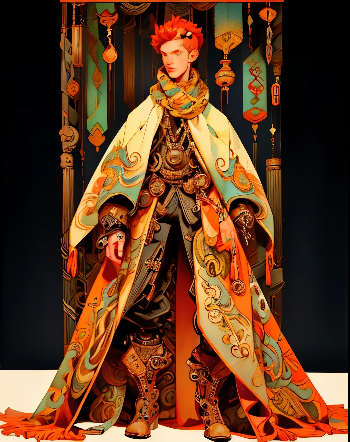 1 short person, Final Fantasy mimic character class, wrapped in patchwork patterned scarves and quilts, cross wrapped scarves, many layers of scarves and quilts, large beads and tassels, body and face wrapped in various patterned quilts and scarves. only their eyes are visible, heavy eyeliner, androgynous face, only clothing is wrapped scarves and quilts, ((entire body image: 1.4)), ((in a beautiful elaborate steampunk setting)), game artbook style, gauche and watercolor paint, pen and ink outlines and details, Akihiko Yoshida Style art, 8k image, gorgeous artwork, masterful image, whimsical drawing, ((entire head and body is in view: 1.5)), shoes or boots, muted color, overloaded with beads bobbles tassels bottles and bells