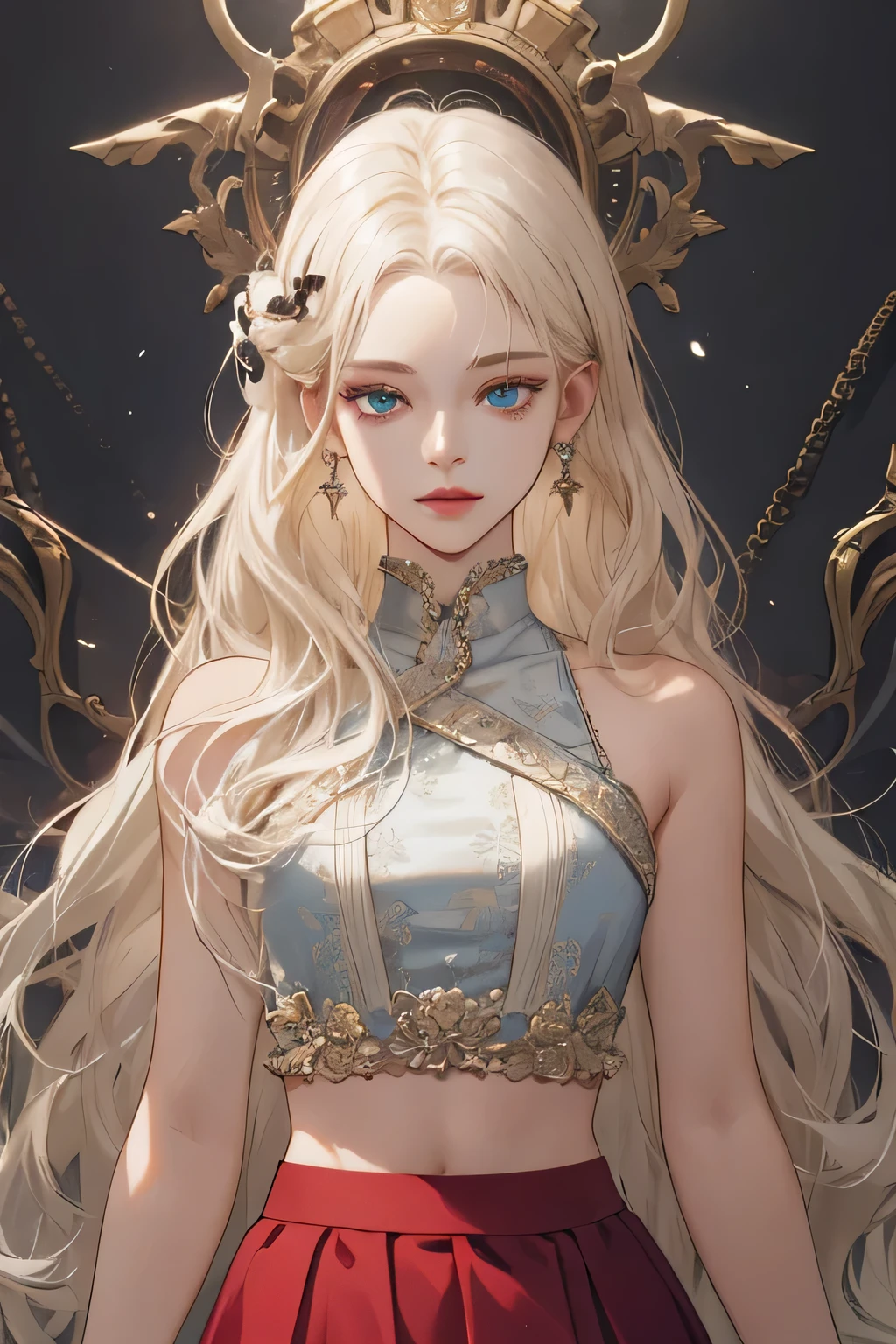 (extreamly delicate and beautiful:1.2), 8K,(masterpiece:1.0),(best_quality:1.0), 1 girl, and intricate detailing, Enlarged textures, and intricate detailing, finely eye and detailed face, and intricate detailing, shiraga, platinum blonde curls long hair, (closed mouths), Perfect eyes, Equal eyes, carolina eyes (A famale god) with crop top modern and red maroon short skirt span, carolina eyes perfect, perfect, earing, hairpin, perfect body, sexy body, carolina blue perfect eyes, lips nude