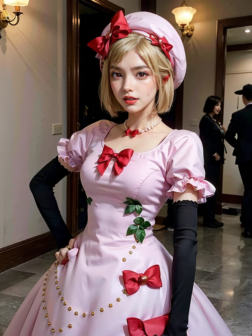 (1 lady), The beautiful, (Best quality at best:1.4), (ultra - detailed), (extremely detailed CG unified 16k), gold blonde hair, very detailed, High-definition RAW color photo, professional photoshooting, amazing face and eyes, cosmetics, (amazingly beautiful girl), ((lambdadelta, tall woman, taller)), ((dress, red bow, pink hat, necklace, gloves, pearl, pink dress)), standing, realistic cinematic face, photo portrait, upper body (shoulders to head), photorealistic, ((realistic natural blonde hair style, scarlet red eyes)), gorgeous, extremely beautiful face, perfect model beauty, pout mouth, flirting smile, cleavages, city girl, western, (masterpiece), best quality, high resolution, extremely detailed, blurred background, depth of field, cinematic lighting, clear and well-cared skin