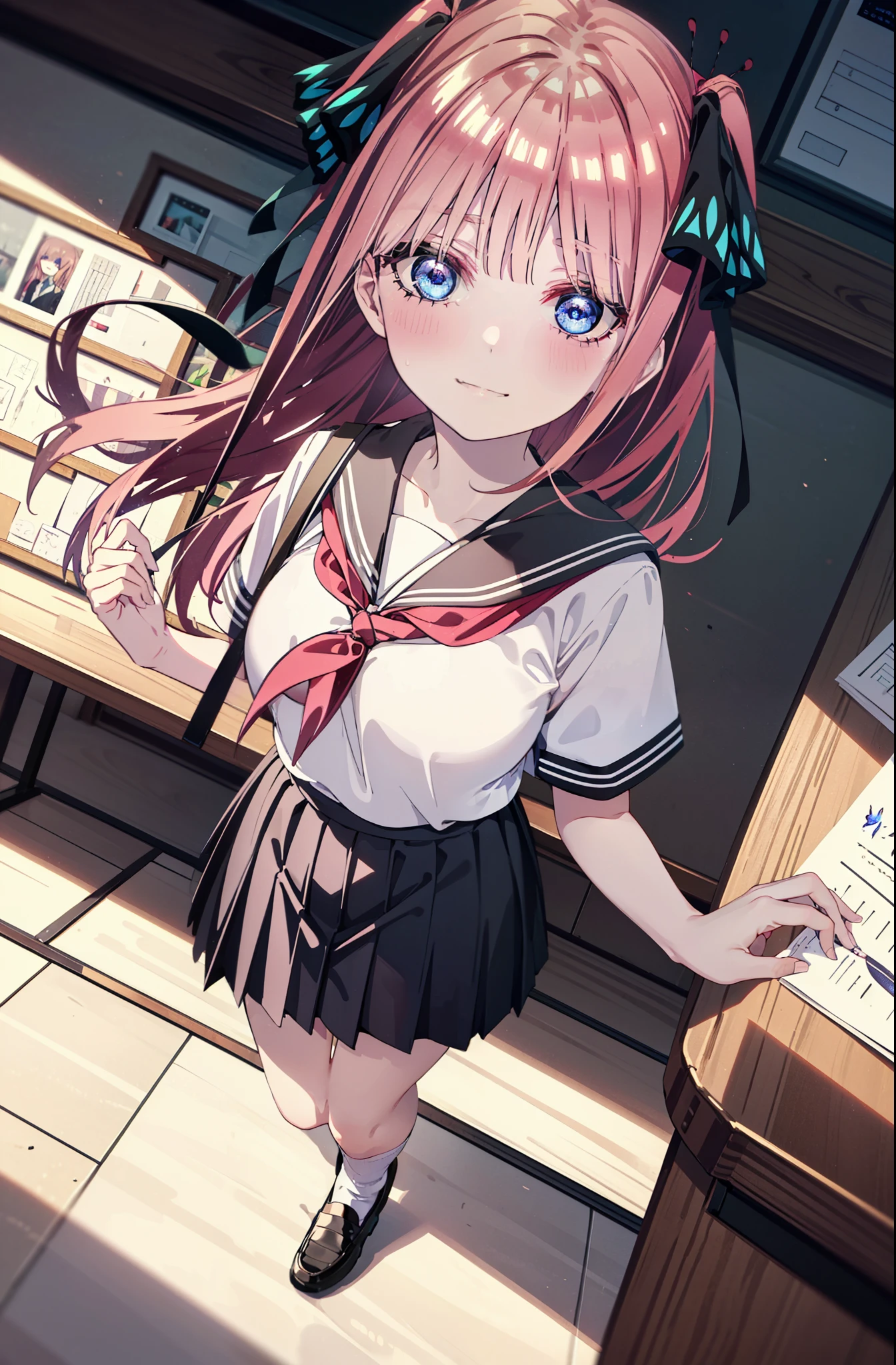 I was silent, nino nakano, Long Hair, bangs, blue eyes, hair ornaments, Hair Ribbon, Pink Hair, blunt bangs, Both sides up, butterfly hair ornaments,smile, Grin,Big Breasts,Japanese schoolgirl(Sailor suit),Short sleeve,Black pleated skirt,White loose socks,Brown Loafers,Daytime,sunny,whole bodyがイラストが入るように,Looking down from above,
break indoors, coffee shop,
break looking at viewer, whole body,
break (masterpiece:1.2), highest quality, High resolution, unity 8k wallpaper, (shape:0.8), (Beautiful details:1.6), Highly detailed face, Perfect lighting, Highly detailed CG, (Perfect hands, Perfect Anatomy),