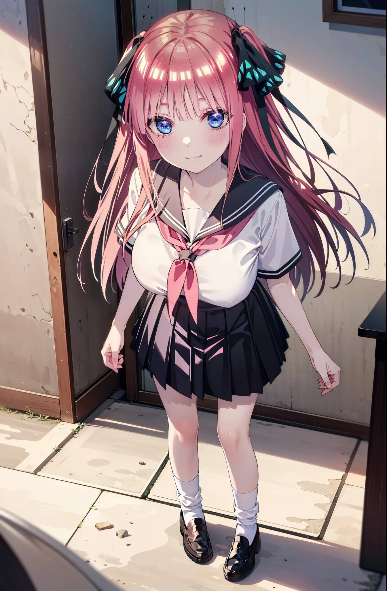 I was silent, nino nakano, Long Hair, bangs, blue eyes, hair ornaments, Hair Ribbon, Pink Hair, blunt bangs, Both sides up, butterfly hair ornaments,smile, Grin,Big Breasts,Japanese schoolgirl(Sailor suit),Short sleeve,Black pleated skirt,White loose socks,Brown Loafers,Daytime,sunny,whole bodyがイラストが入るように,Looking down from above,
break indoors, coffee shop,
break looking at viewer, whole body,
break (masterpiece:1.2), highest quality, High resolution, unity 8k wallpaper, (shape:0.8), (Beautiful details:1.6), Highly detailed face, Perfect lighting, Highly detailed CG, (Perfect hands, Perfect Anatomy),