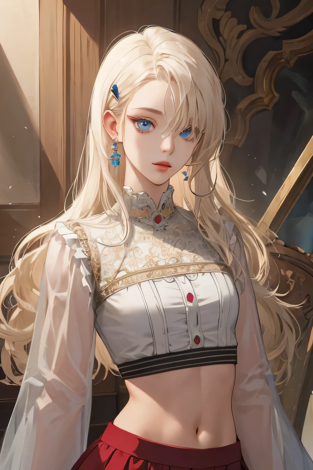 (extreamly delicate and beautiful:1.2), 8K,(masterpiece:1.0),(best_quality:1.0), 1 girl, and intricate detailing, Enlarged textures, and intricate detailing, finely eye and detailed face, and intricate detailing, shiraga, platinum blonde curls long hair, (closed mouths), Perfect eyes, Equal eyes, carolina eyes (A famale god) with crop top modern and red maroon short skirt span, carolina eyes perfect, perfect, earing, hairpin, perfect body, sexy body, carolina blue perfect eyes, lips nude