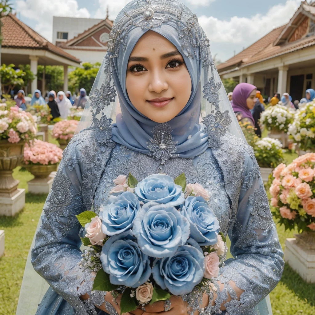 potret indonesia, pipi tembem, istri memakai gaun pengantin warna biru silver berhijab syar'i, memegang buket bunga mawar, latar halaman dengan dekorasi bunga yang indah dan gedung, photography, HDR, 100k